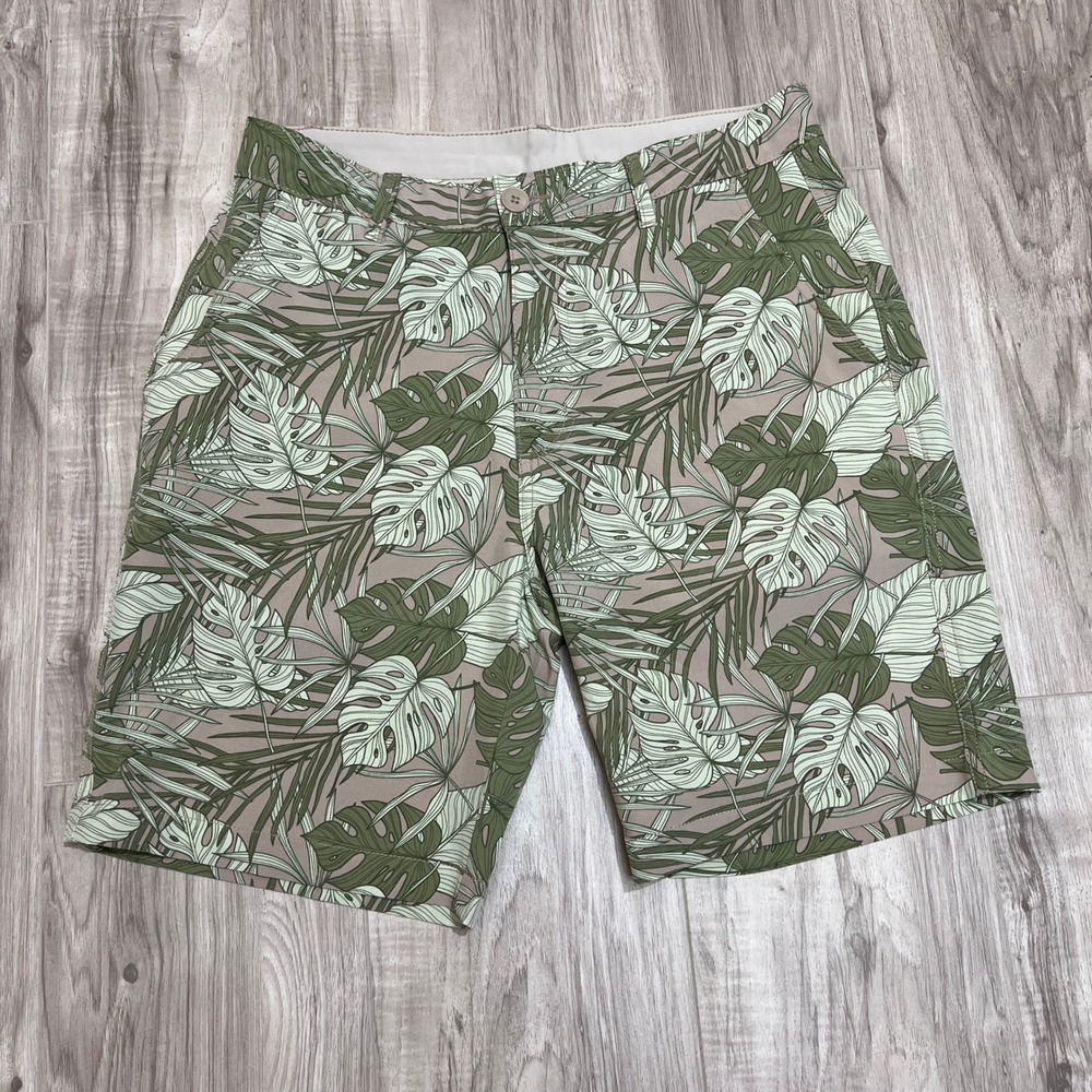 Report Collection Men's Tropical Leaf Print Shorts Size 32 Beige Green Stretch